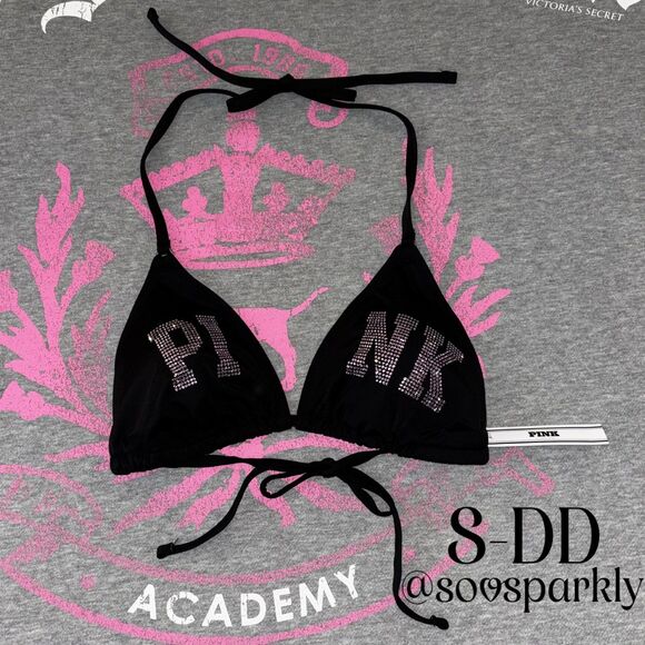 PINK Victoria's Secret Other - VS PINK Rhinestone Light Pink Diamanté Shine Bling Black String Bikini Top S-DD